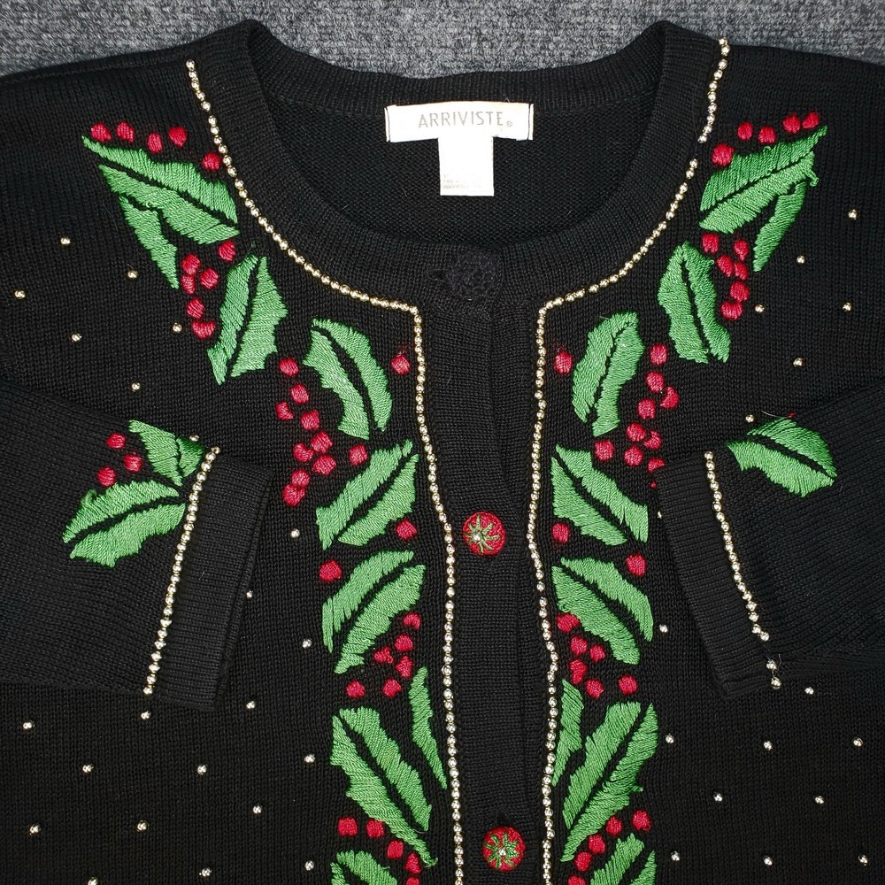 Arriviste Christmas Cardigan Sweater Womens Large Black Embroidered Holly Leaves
